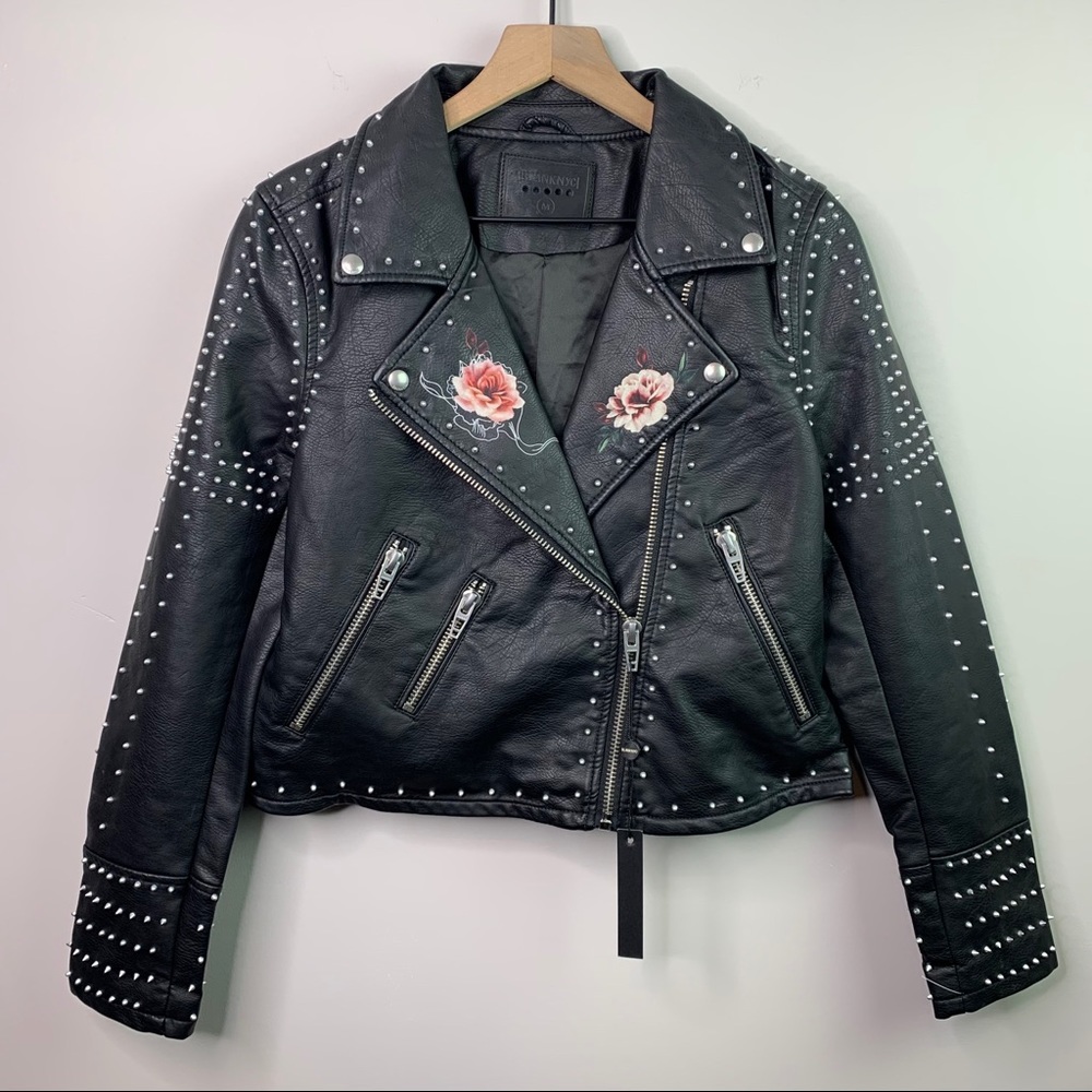 Blank NYC Black Studded Faux Leather Moto Jacket with Pink Rose Embroidery